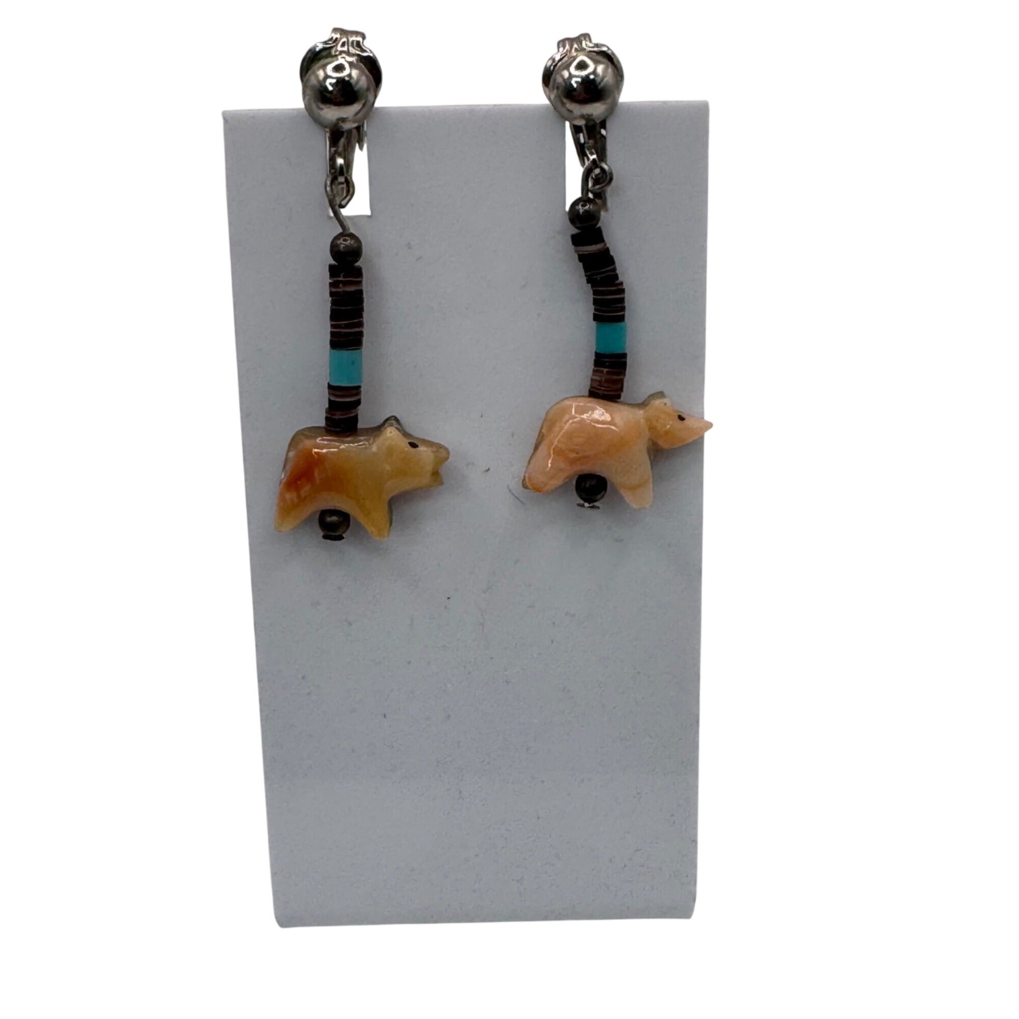 Vintage Heishi Fetish Bear Sterling Silver Clip-On Earrings Turquoise Bead Hopi