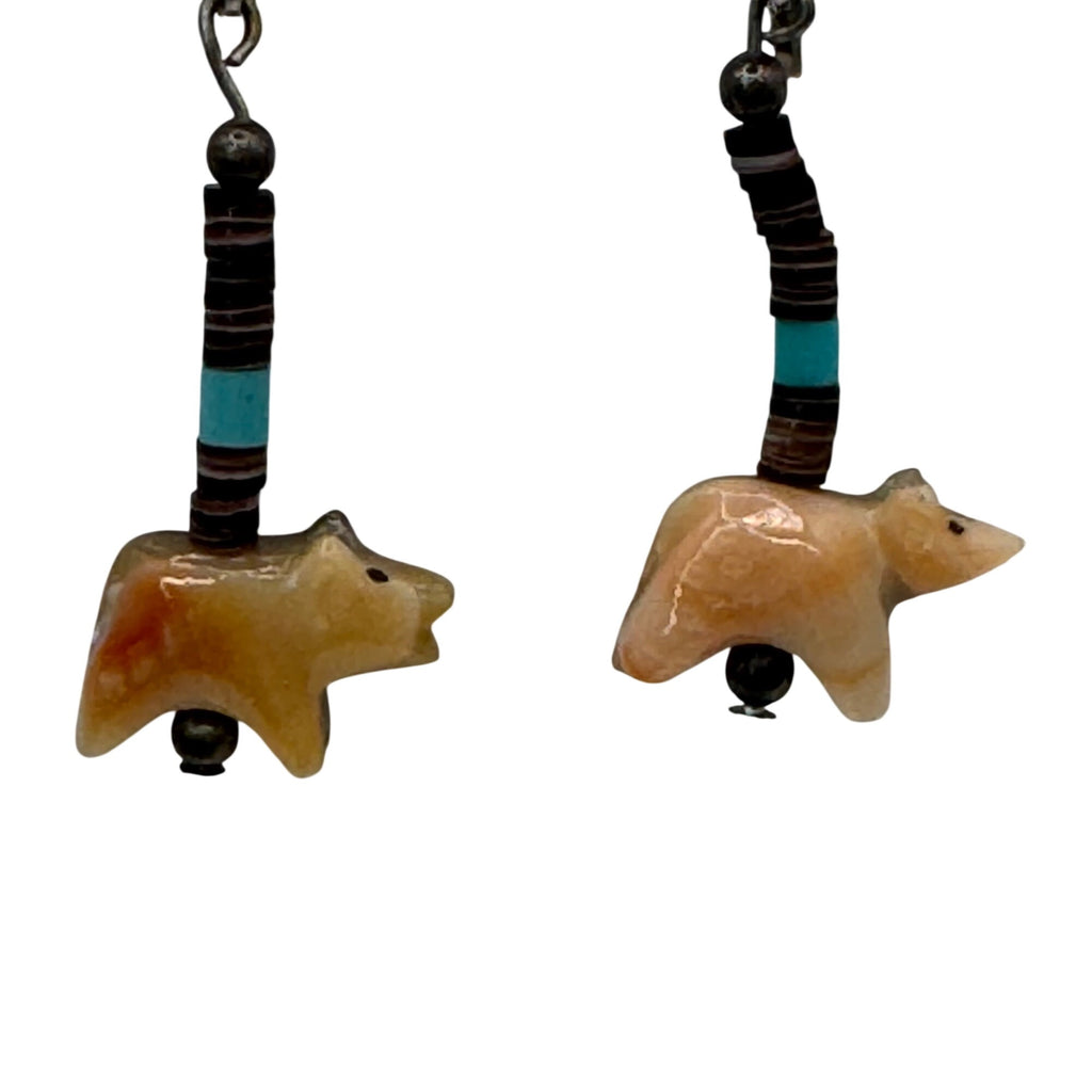 Vintage Heishi Fetish Bear Sterling Silver Clip-On Earrings Turquoise Bead Hopi