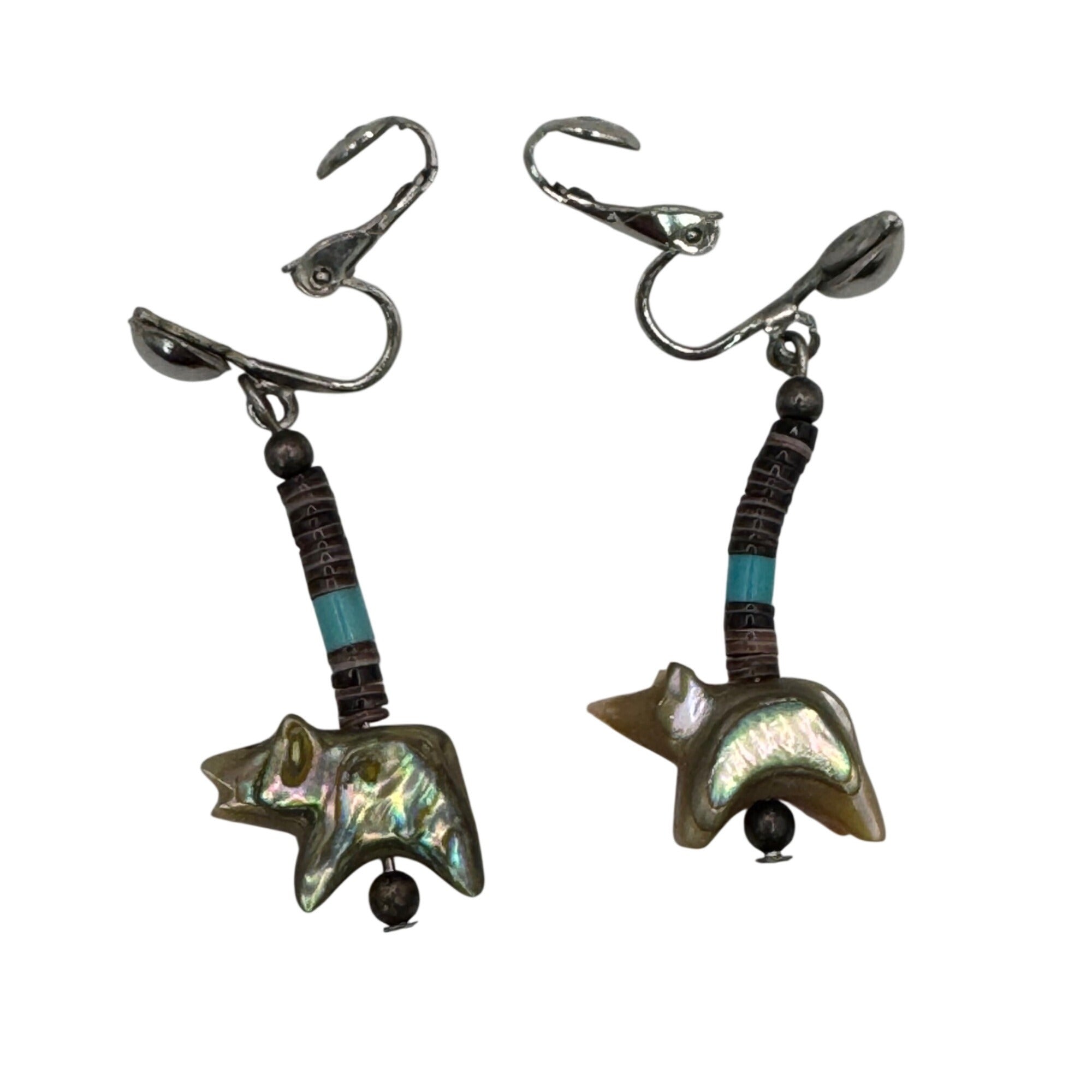 Vintage Heishi Fetish Bear Sterling Silver Clip-On Earrings Turquoise Bead Hopi