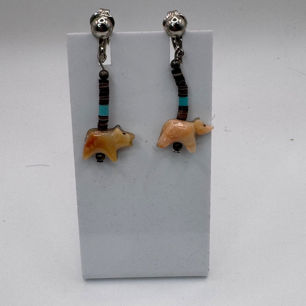 Vintage Heishi Fetish Bear Sterling Silver Clip-On Earrings Turquoise Bead Hopi