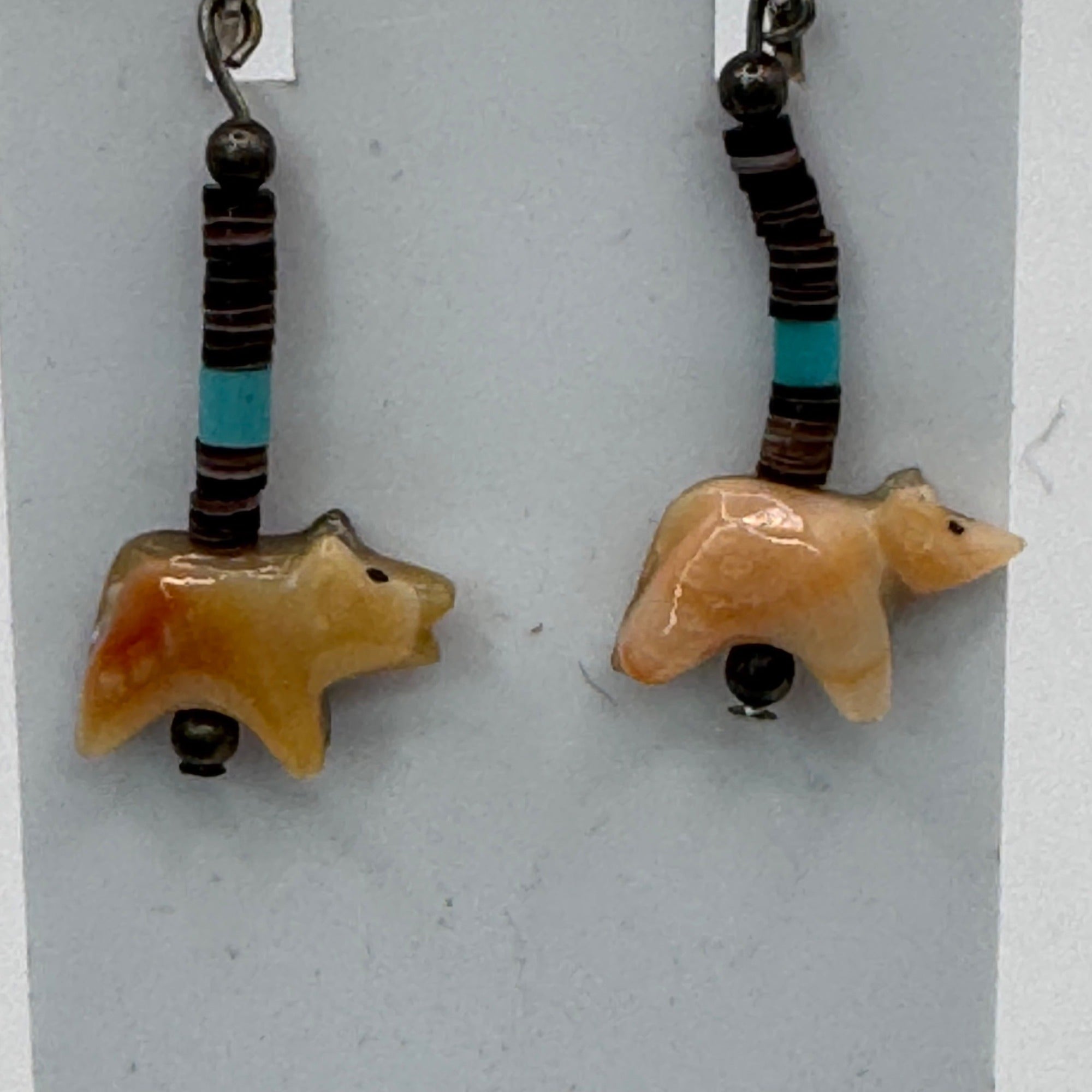 Vintage Heishi Fetish Bear Sterling Silver Clip-On Earrings Turquoise Bead Hopi