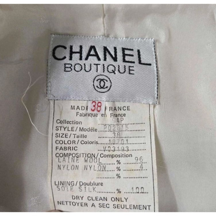 Chanel Boutique 1994 Cream Wool Silk Suit Set 38 Double Breasted Jacket Skirt