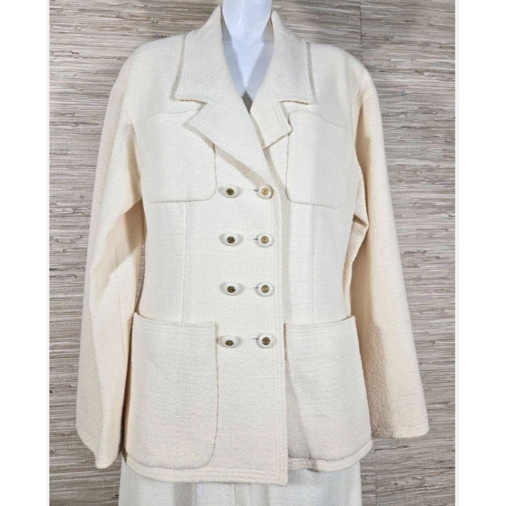 Chanel Boutique 1994 Cream Wool Silk Suit Set 38 Double Breasted Jacket Skirt