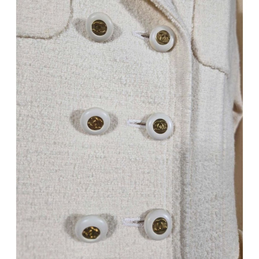 Chanel Boutique 1994 Cream Wool Silk Suit Set 38 Double Breasted Jacket Skirt