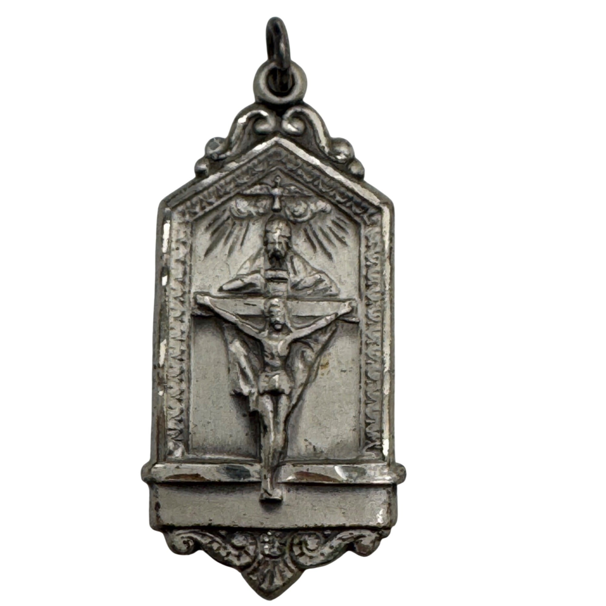 Holy Trinity Sterling Silver Charm Crucifix Pendant Devotion Fathers 1.5" Vtg