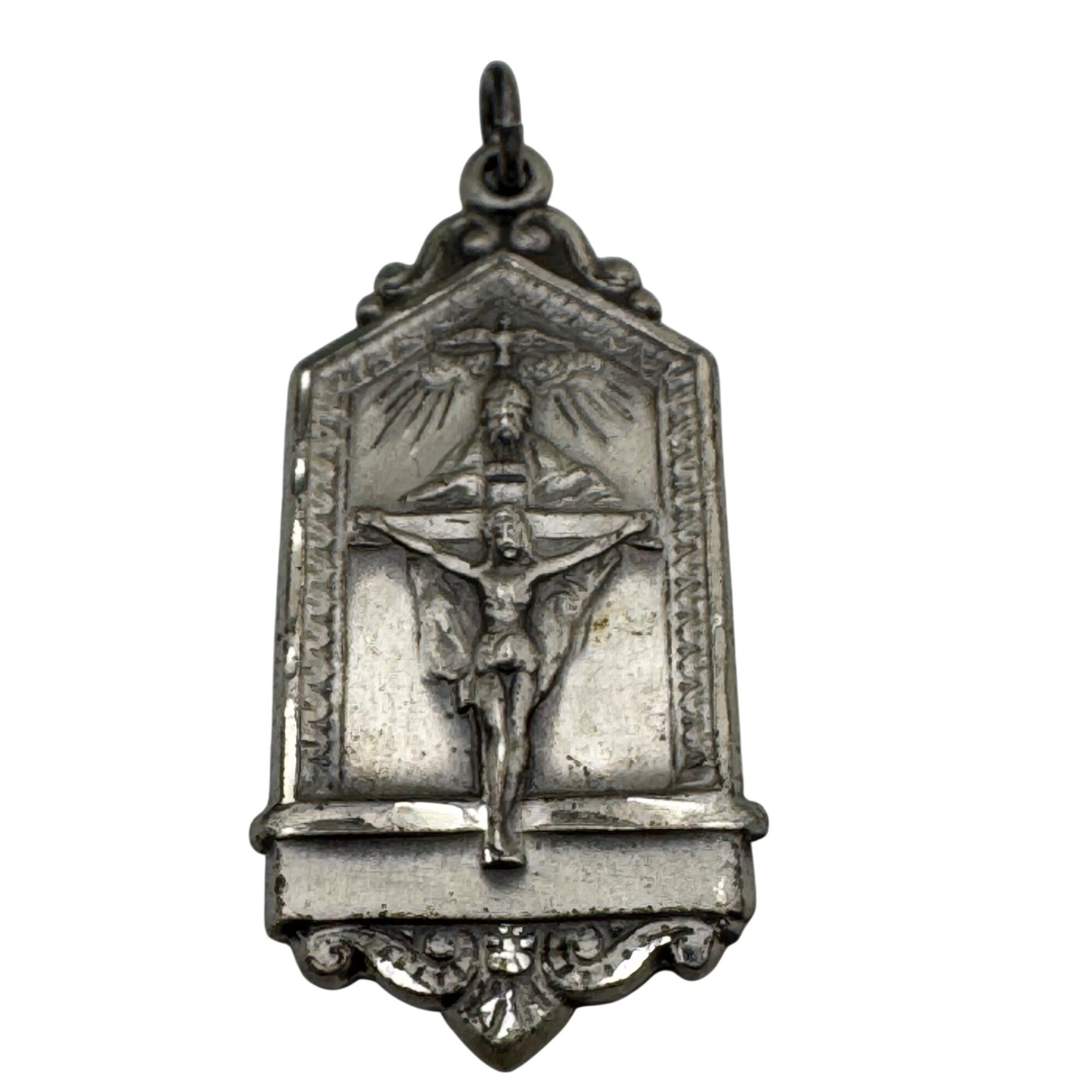 Holy Trinity Sterling Silver Charm Crucifix Pendant Devotion Fathers 1.5" Vtg