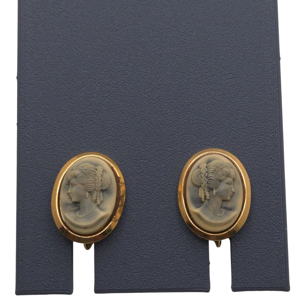 Vintage Cameo Clip-On Earrings Gold Tone Oval Design Victorian Art Deco Estate