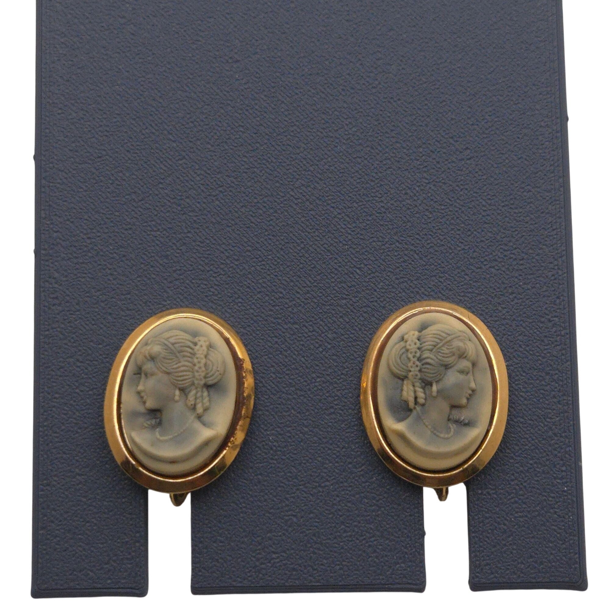 Vintage Cameo Clip-On Earrings Gold Tone Oval Design Victorian Art Deco Estate