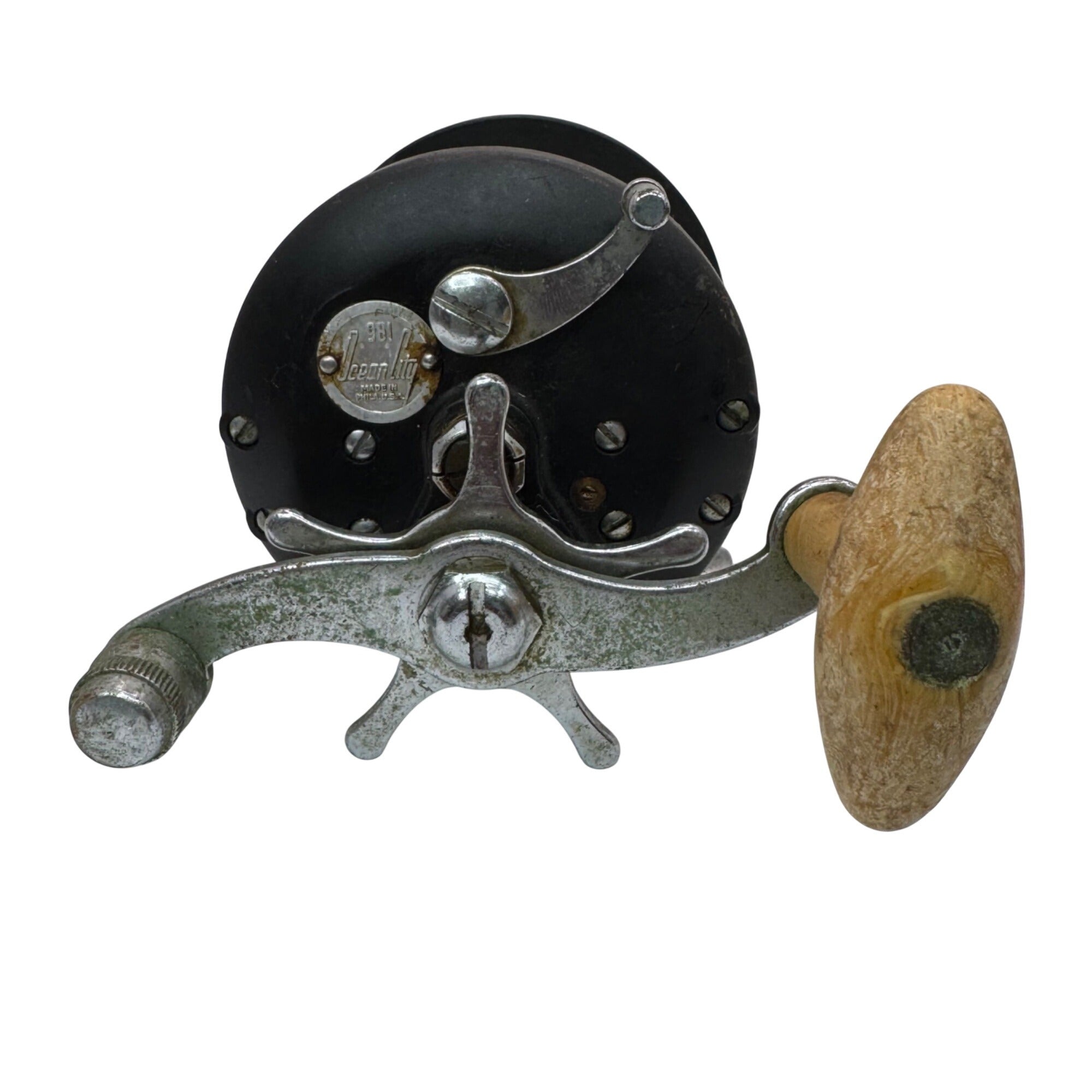 Vintage Ocean City 981 Fishing Reel Made In USA With Wooden Handle Saltwater