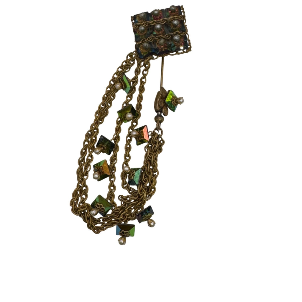 Vintage Miriam Haskell Stick Pin Aurora Borealis Brooch Green Beads Faux Pearls
