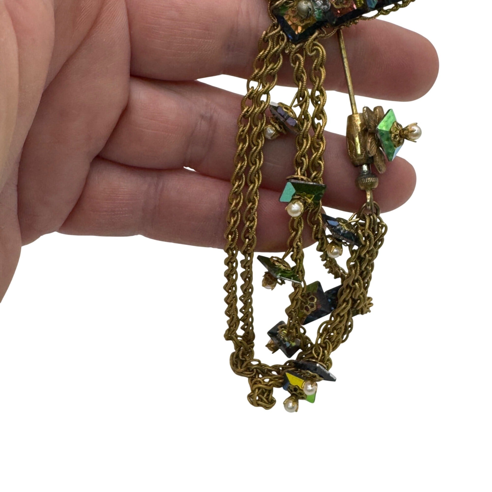 Vintage Miriam Haskell Stick Pin Aurora Borealis Brooch Green Beads Faux Pearls