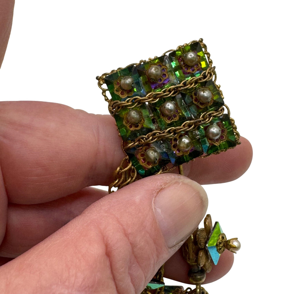 Vintage Miriam Haskell Stick Pin Aurora Borealis Brooch Green Beads Faux Pearls