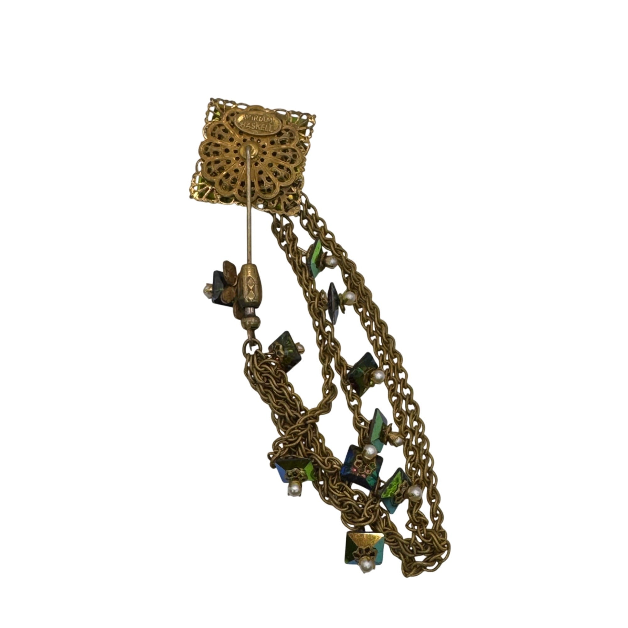 Vintage Miriam Haskell Stick Pin Aurora Borealis Brooch Green Beads Faux Pearls