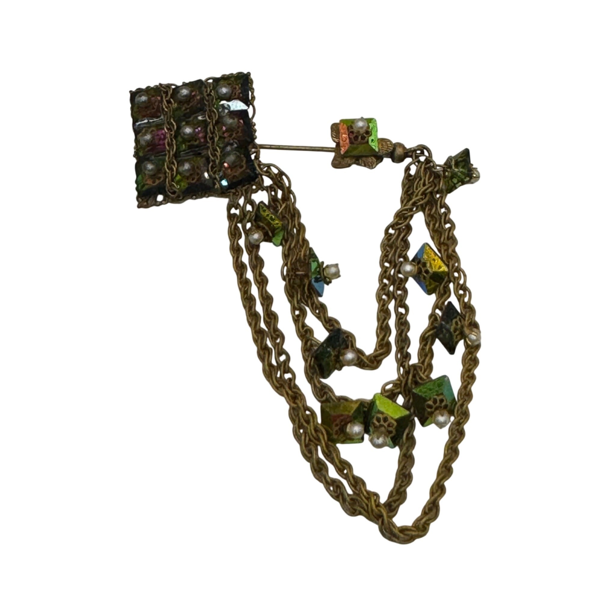 Vintage Miriam Haskell Stick Pin Aurora Borealis Brooch Green Beads Faux Pearls