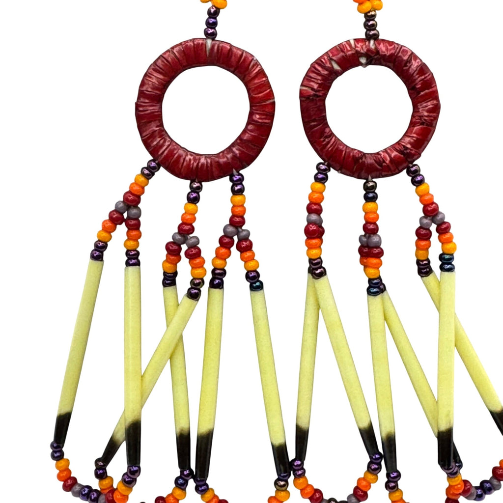 Vintage Ruby Red Glass Seed Bead & Porcupine Quill Earrings Sterling Silver 3.5"