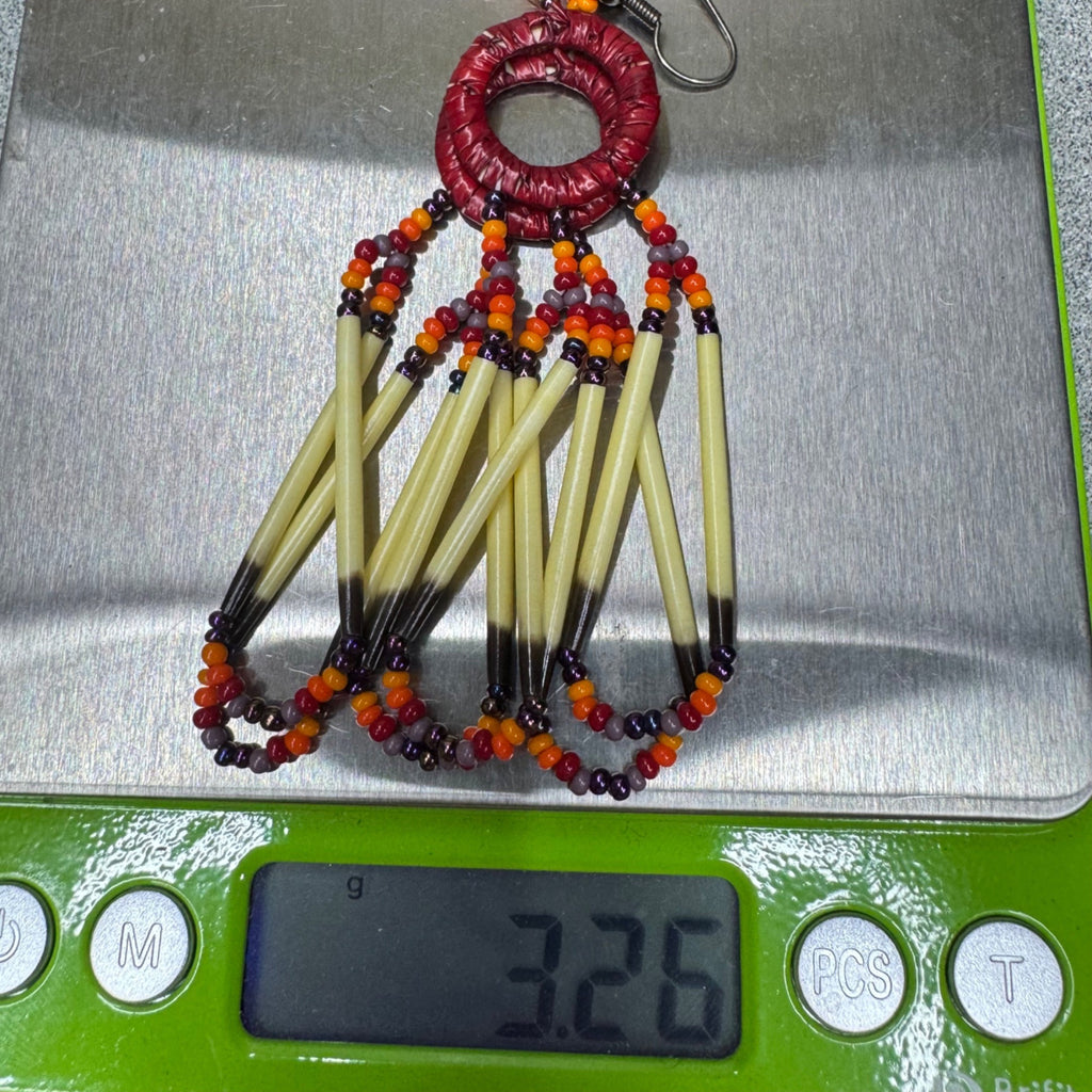 Vintage Ruby Red Glass Seed Bead & Porcupine Quill Earrings Sterling Silver 3.5"