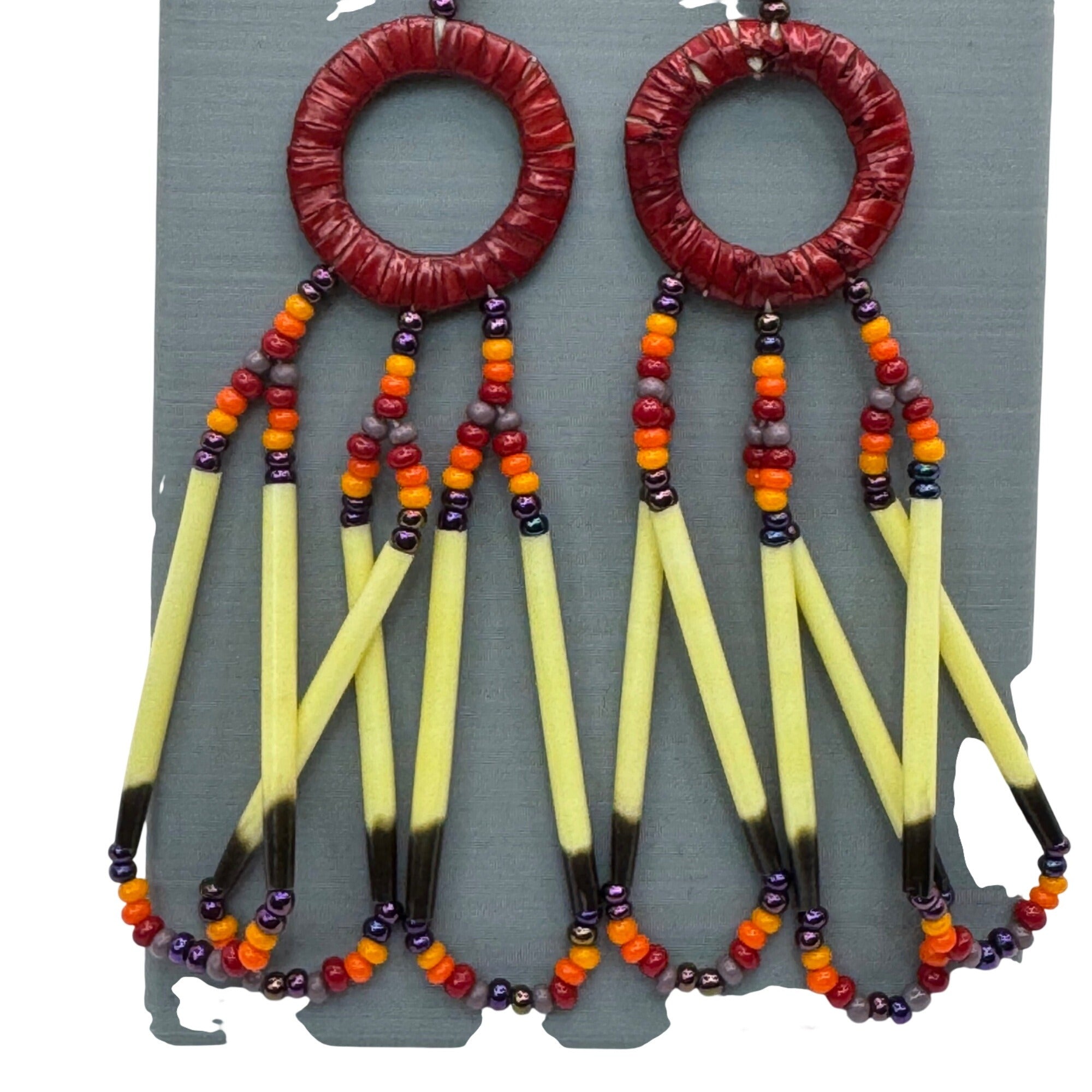 Vintage Ruby Red Glass Seed Bead & Porcupine Quill Earrings Sterling Silver 3.5"