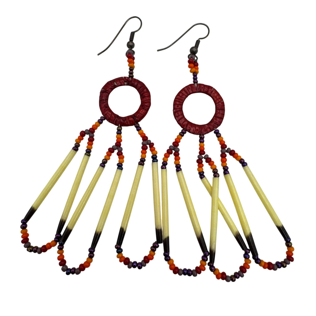 Vintage Ruby Red Glass Seed Bead & Porcupine Quill Earrings Sterling Silver 3.5"