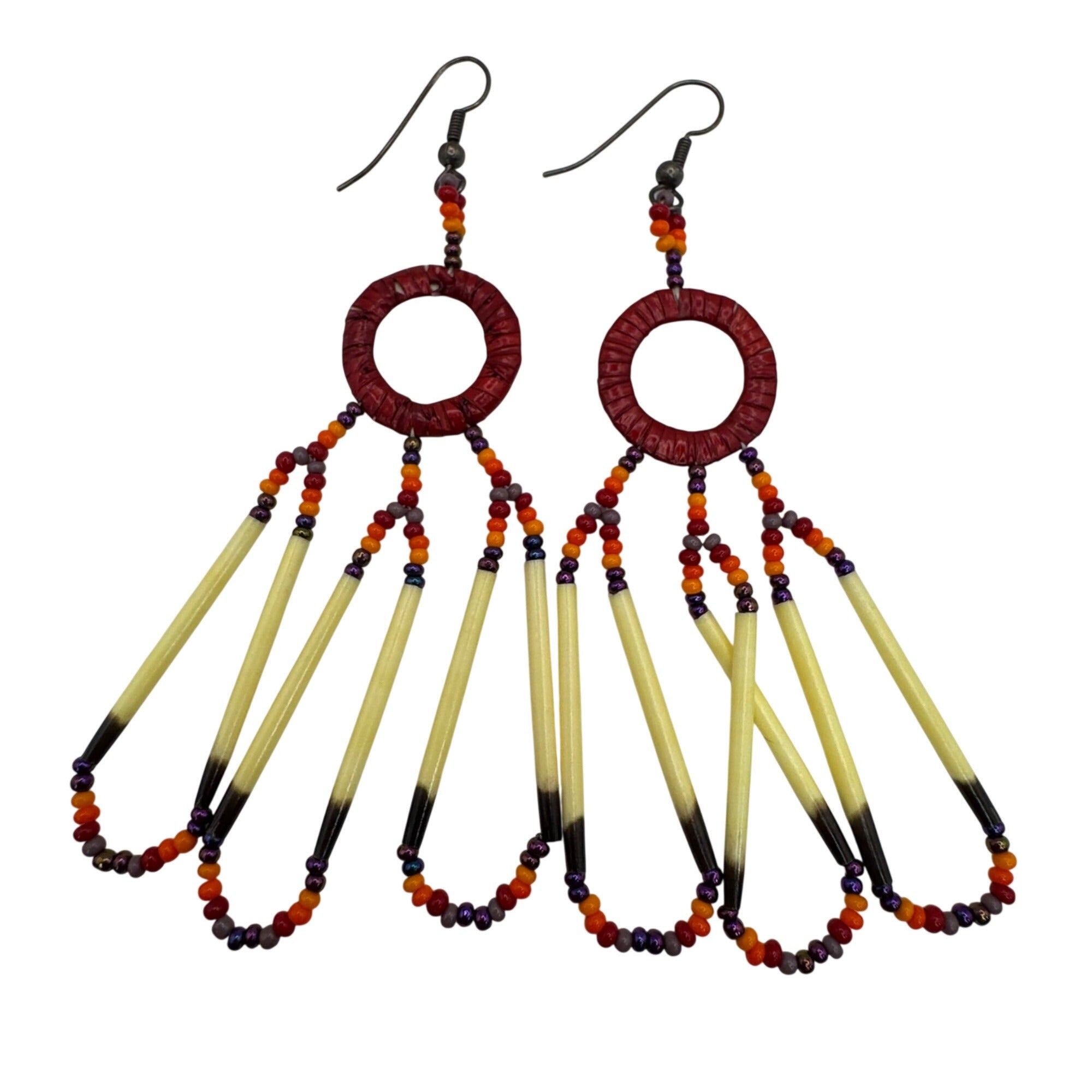 Vintage Ruby Red Glass Seed Bead & Porcupine Quill Earrings Sterling Silver 3.5"