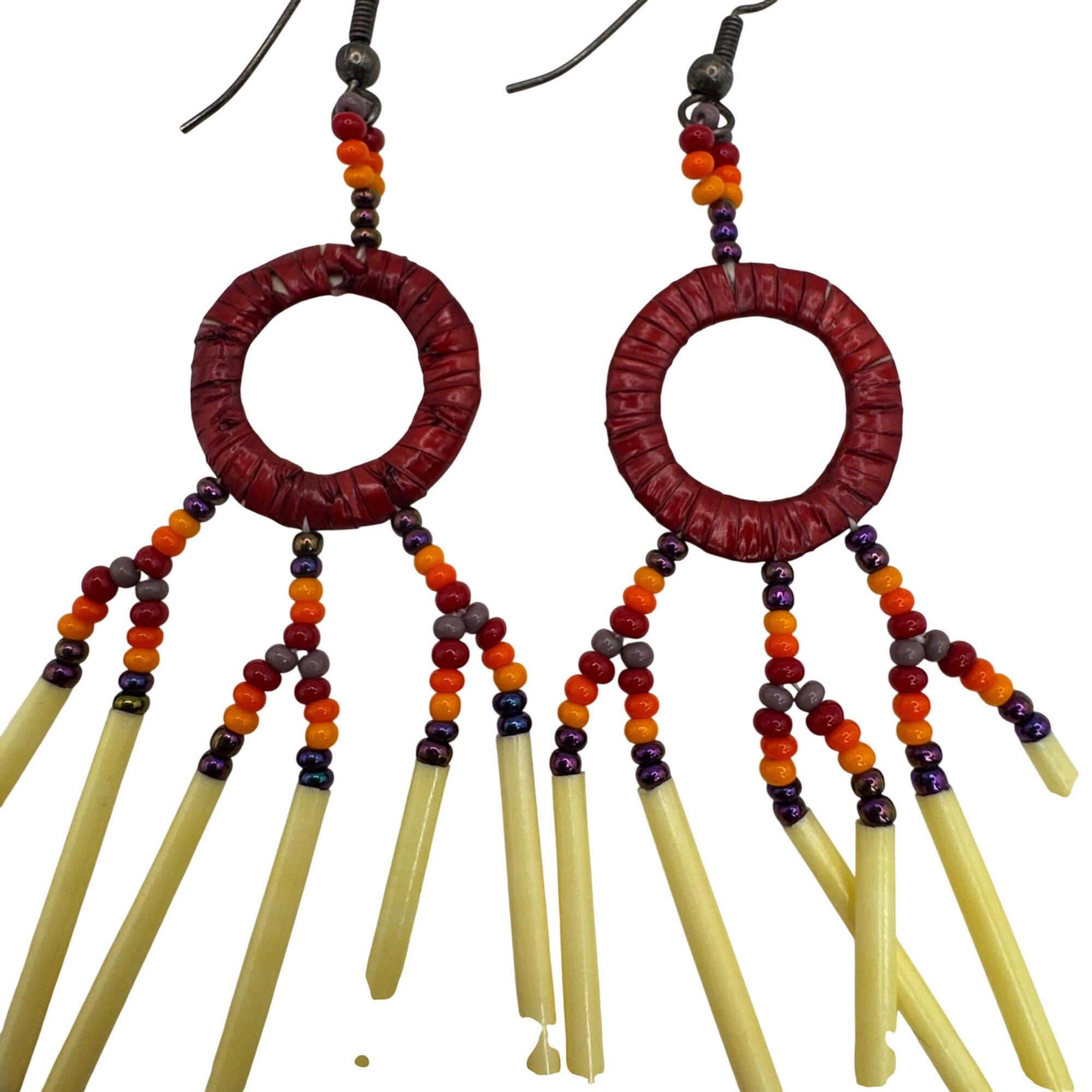 Vintage Ruby Red Glass Seed Bead & Porcupine Quill Earrings Sterling Silver 3.5"