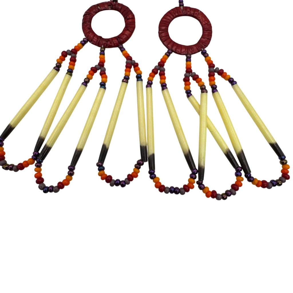 Vintage Ruby Red Glass Seed Bead & Porcupine Quill Earrings Sterling Silver 3.5"