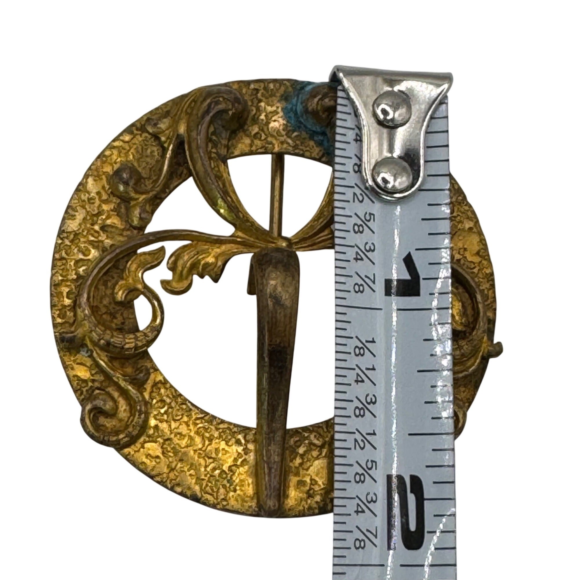 Antique Ornate Brass Pin Sash Scarf Buckle Scrollwork Vtg 2" Victorian Art Deco