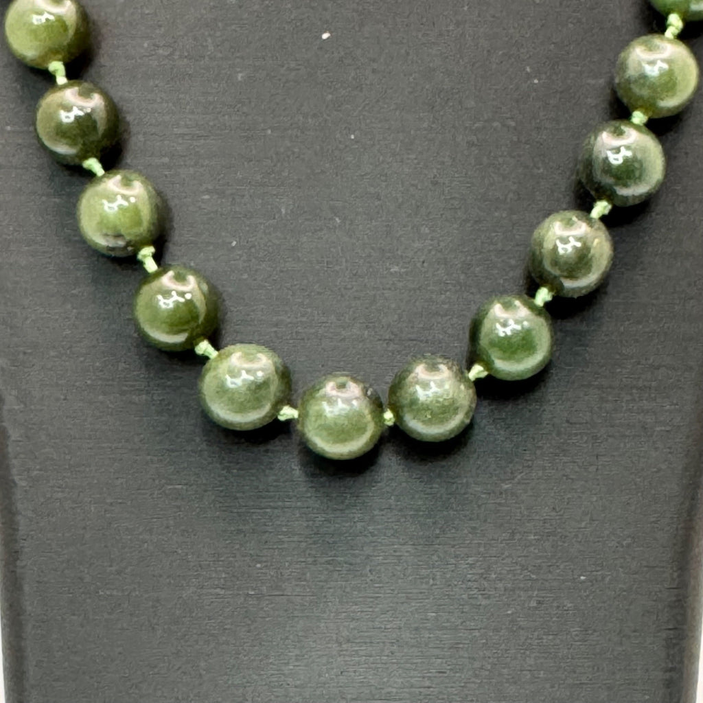 Vintage Double Knotted Dark Green Jade Beaded Necklace 30” Polished Gemstone