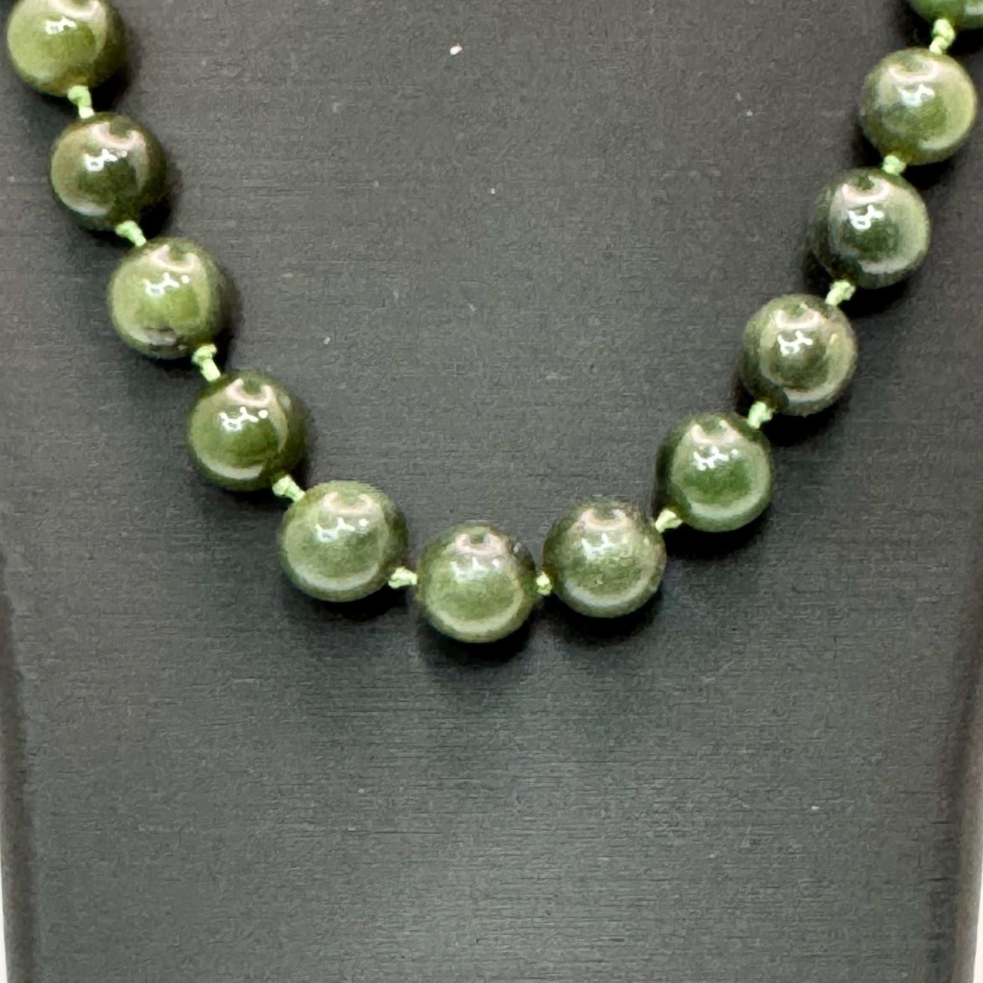 Vintage Double Knotted Dark Green Jade Beaded Necklace 30” Polished Gemstone