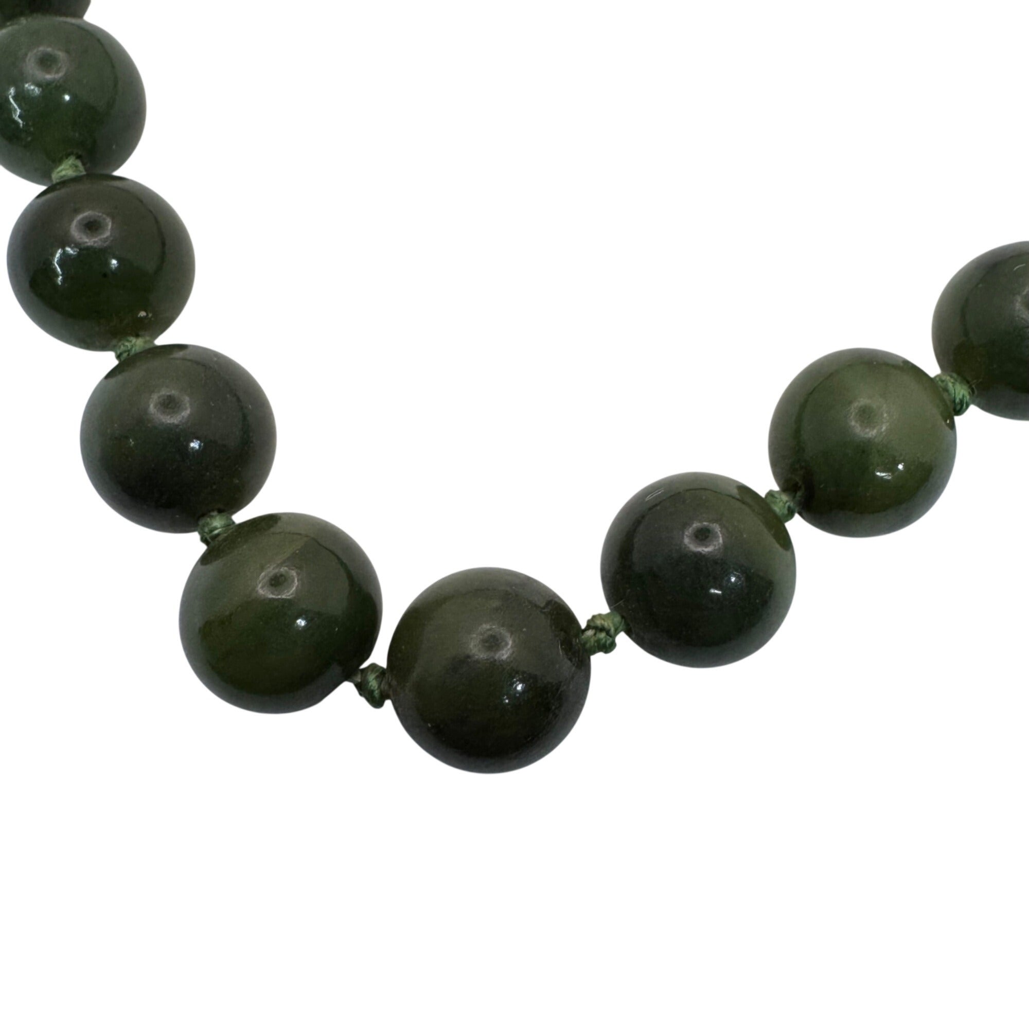 Vintage Double Knotted Dark Green Jade Beaded Necklace 30” Polished Gemstone