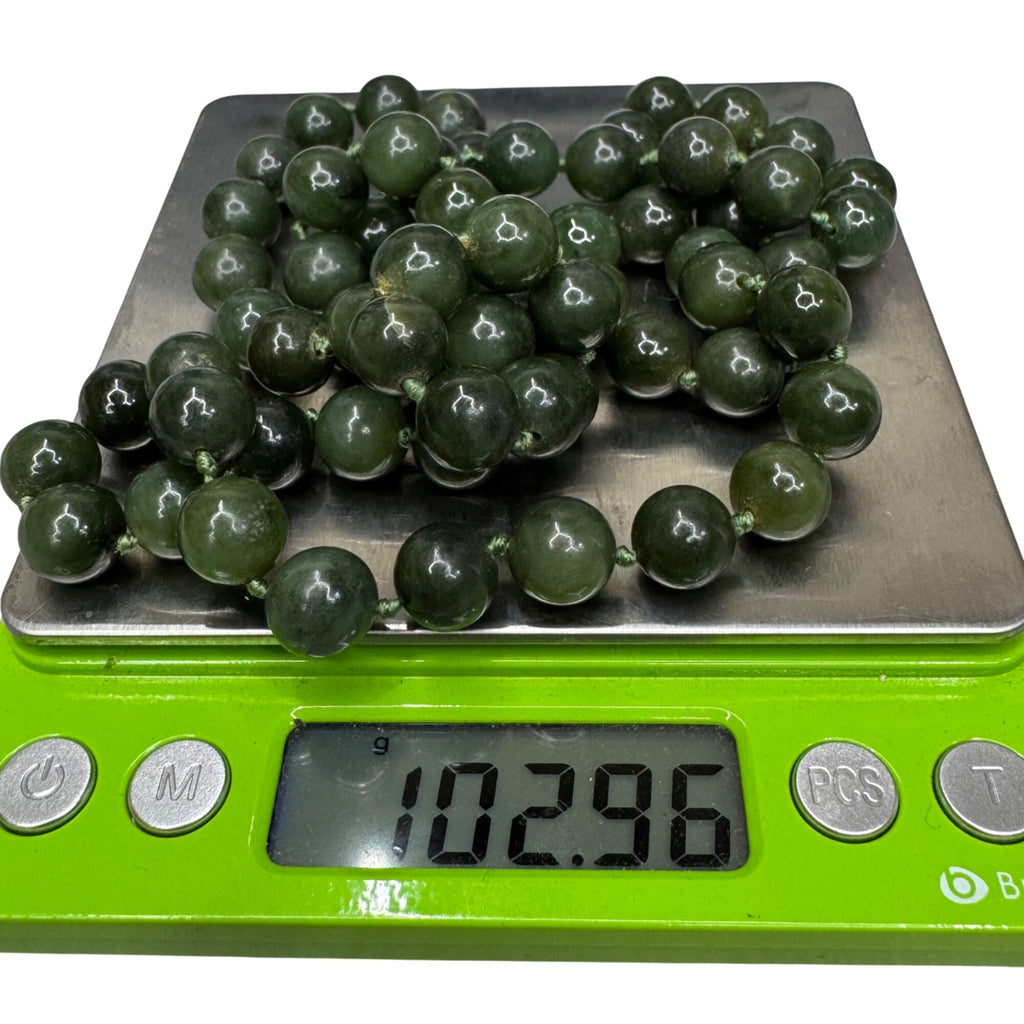 Vintage Double Knotted Dark Green Jade Beaded Necklace 30” Polished Gemstone