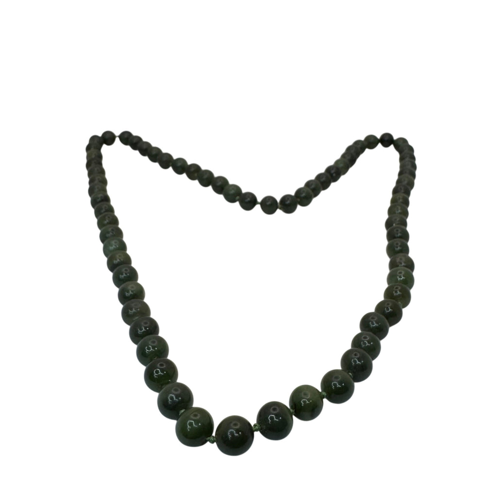 Vintage Double Knotted Dark Green Jade Beaded Necklace 30” Polished Gemstone