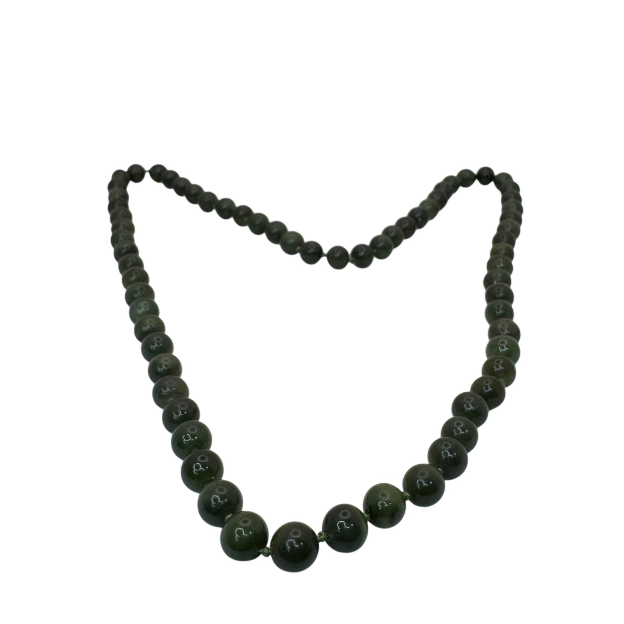 Vintage Double Knotted Dark Green Jade Beaded Necklace 30” Polished Gemstone