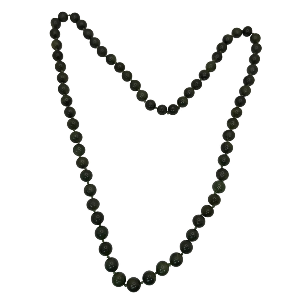 Vintage Double Knotted Dark Green Jade Beaded Necklace 30” Polished Gemstone