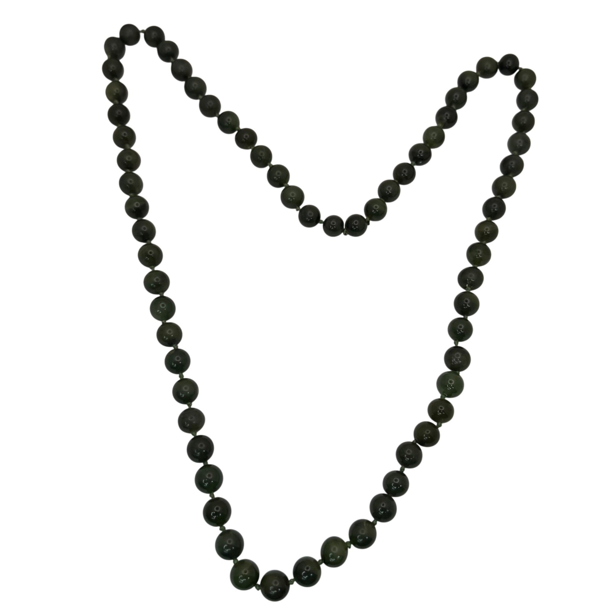 Vintage Double Knotted Dark Green Jade Beaded Necklace 30” Polished Gemstone