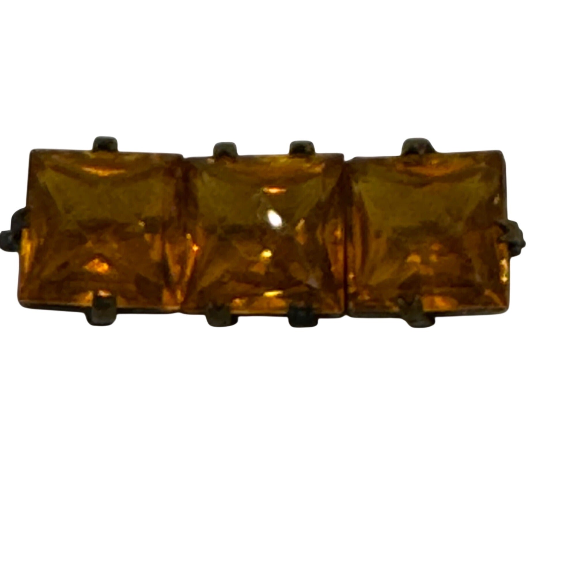 Vintage Amber Glass Statement Rhinestone Brooch Square Cut Stones 1.5" Antique