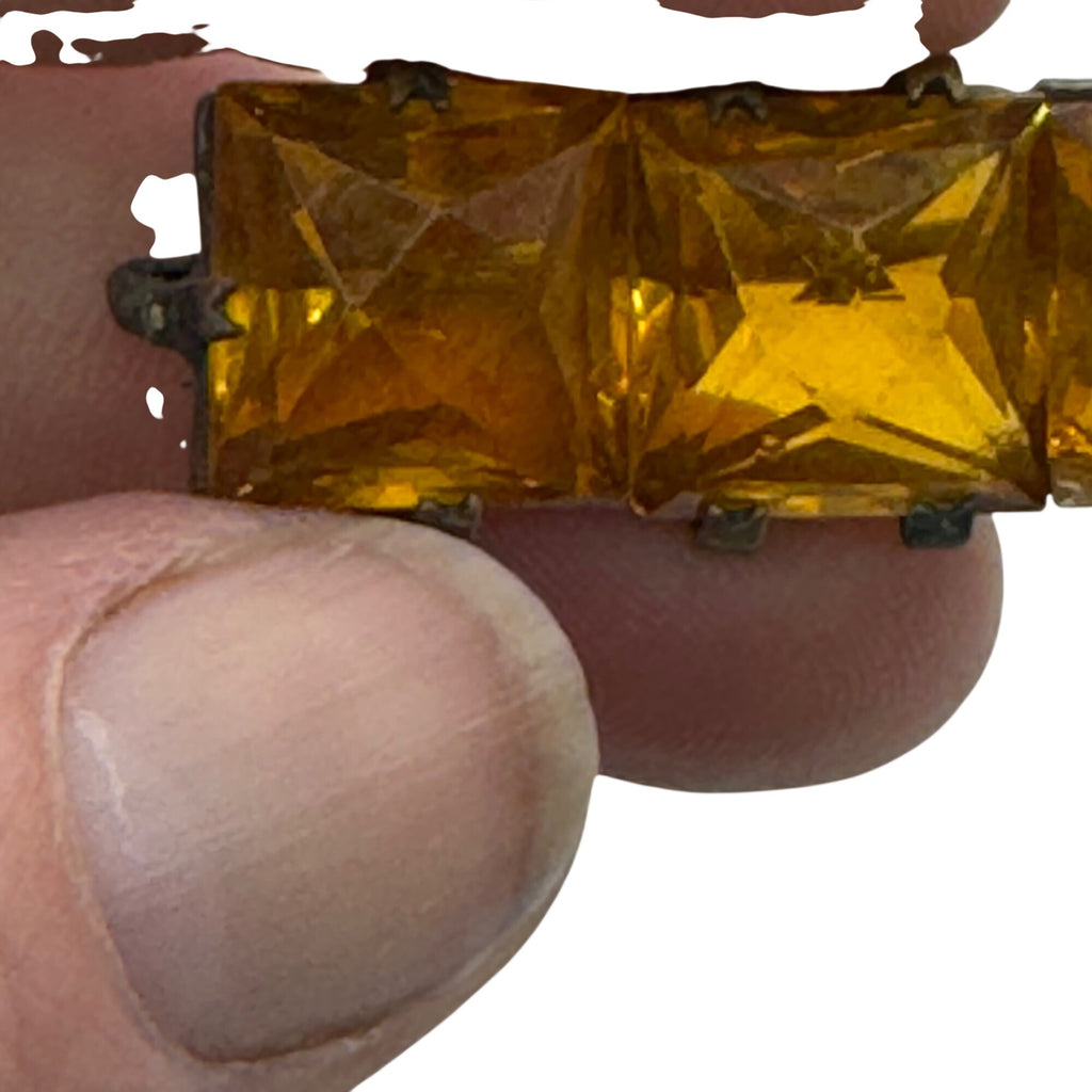 Vintage Amber Glass Statement Rhinestone Brooch Square Cut Stones 1.5" Antique