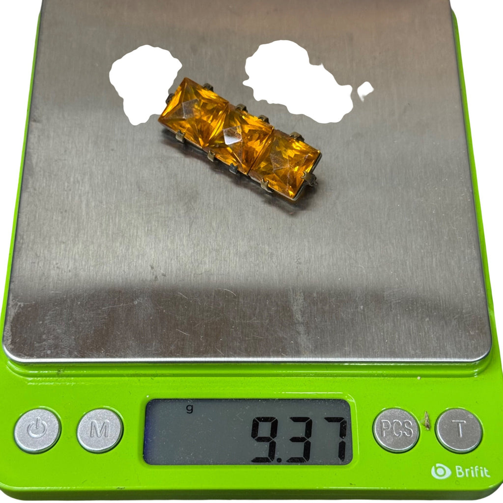 Vintage Amber Glass Statement Rhinestone Brooch Square Cut Stones 1.5" Antique