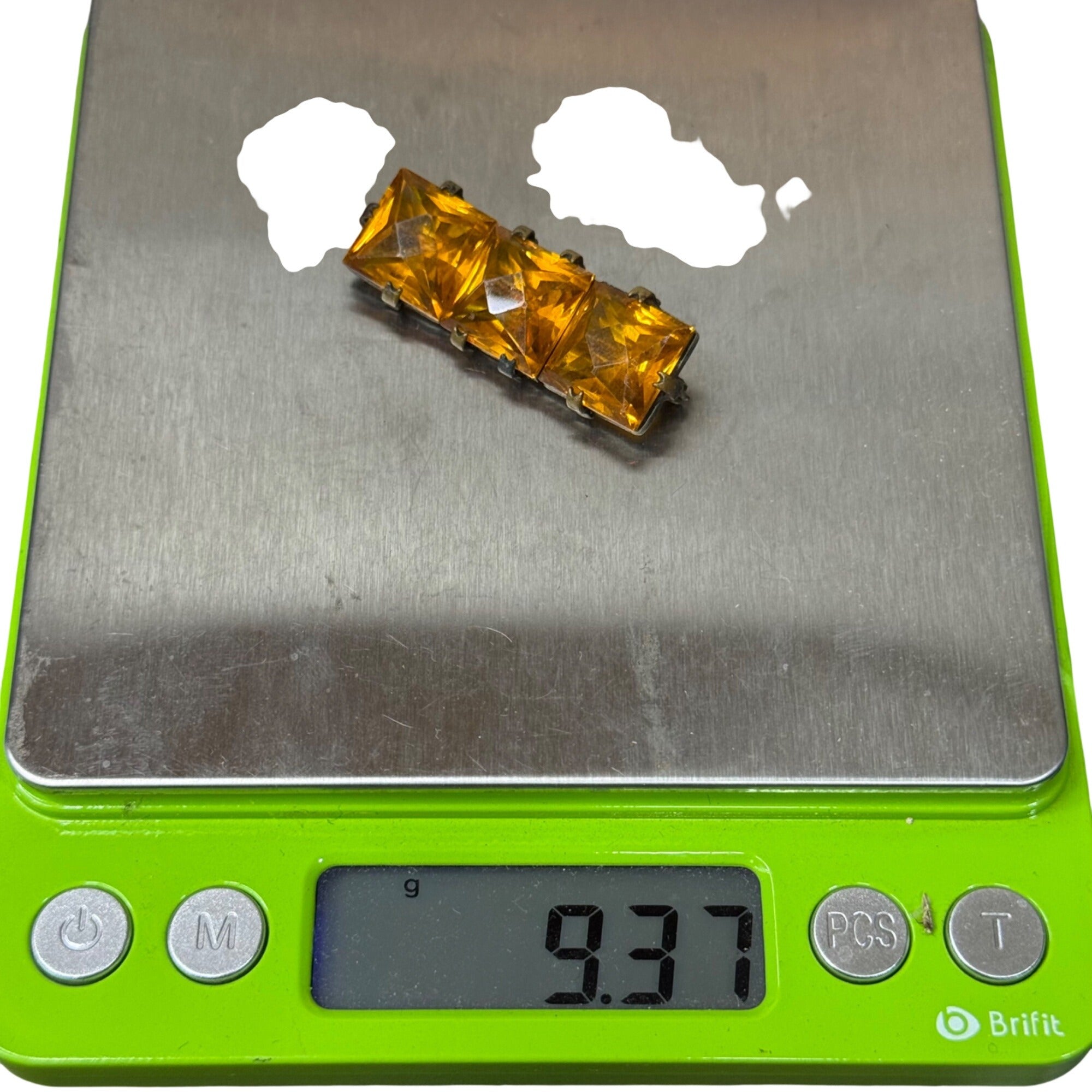 Vintage Amber Glass Statement Rhinestone Brooch Square Cut Stones 1.5" Antique