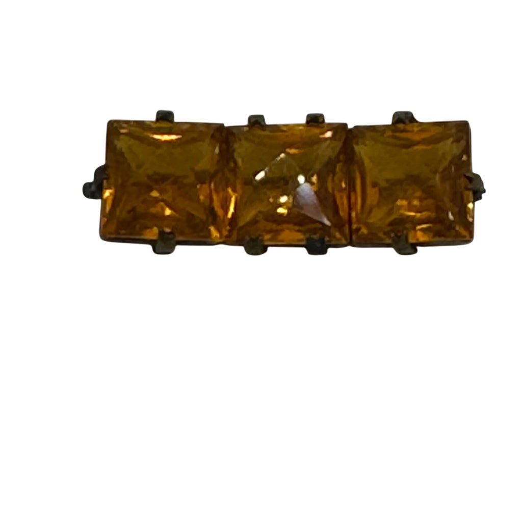 Vintage Amber Glass Statement Rhinestone Brooch Square Cut Stones 1.5" Antique