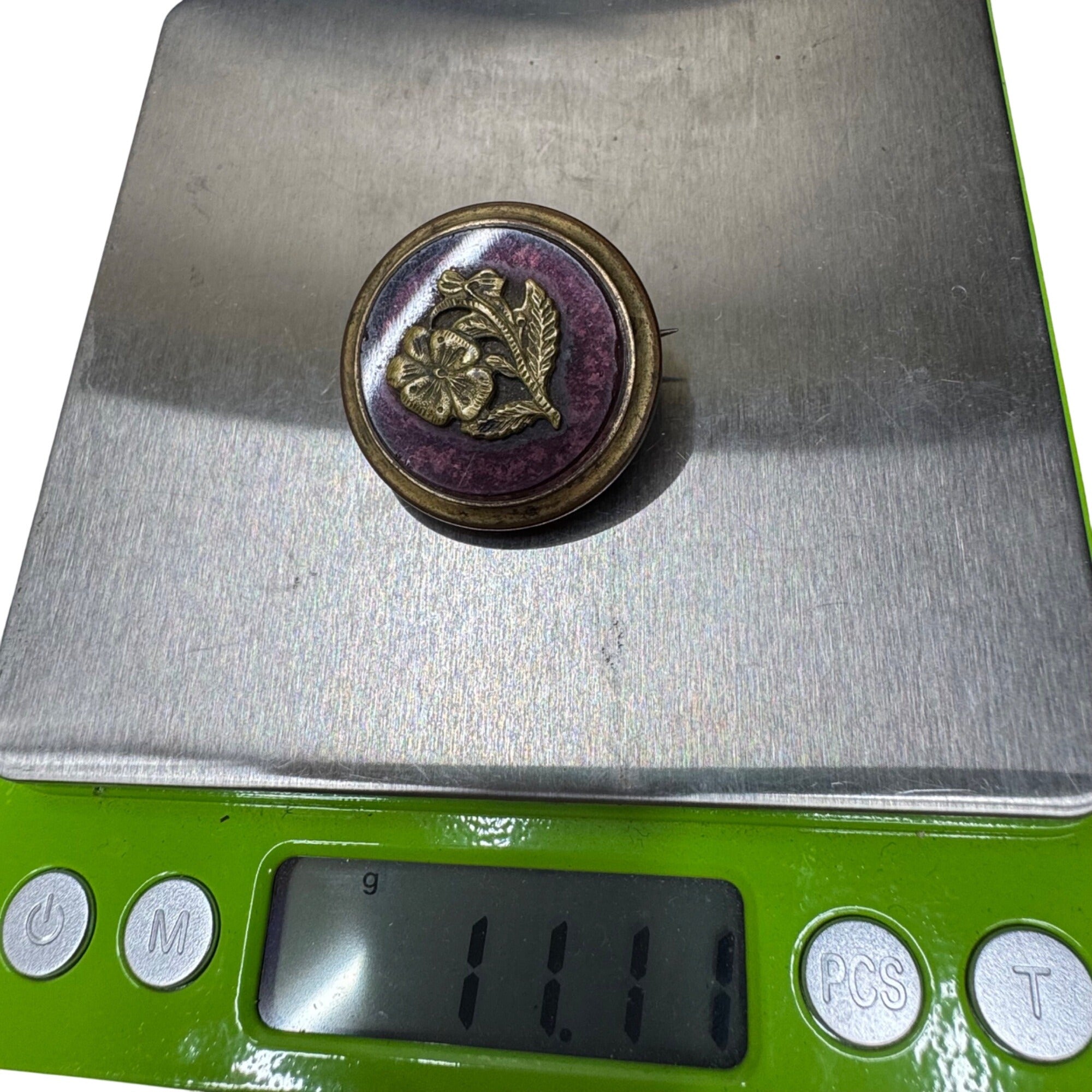 Antique TWCW Paris Floral Enamel Pin Brooch Victorian Button Brass 1.5" Vintage