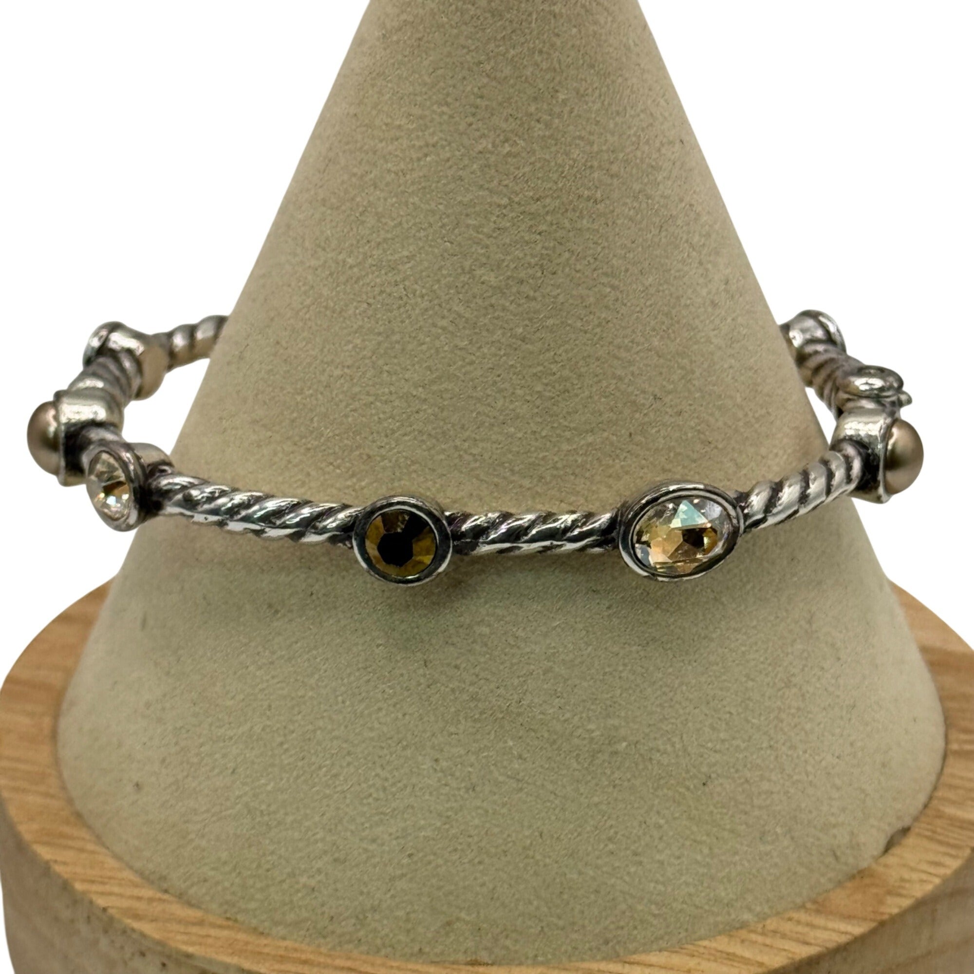 Brighton Monte Carlo Silver Tone Bangle Bracelet Crystals Hinged Citrine Twisted