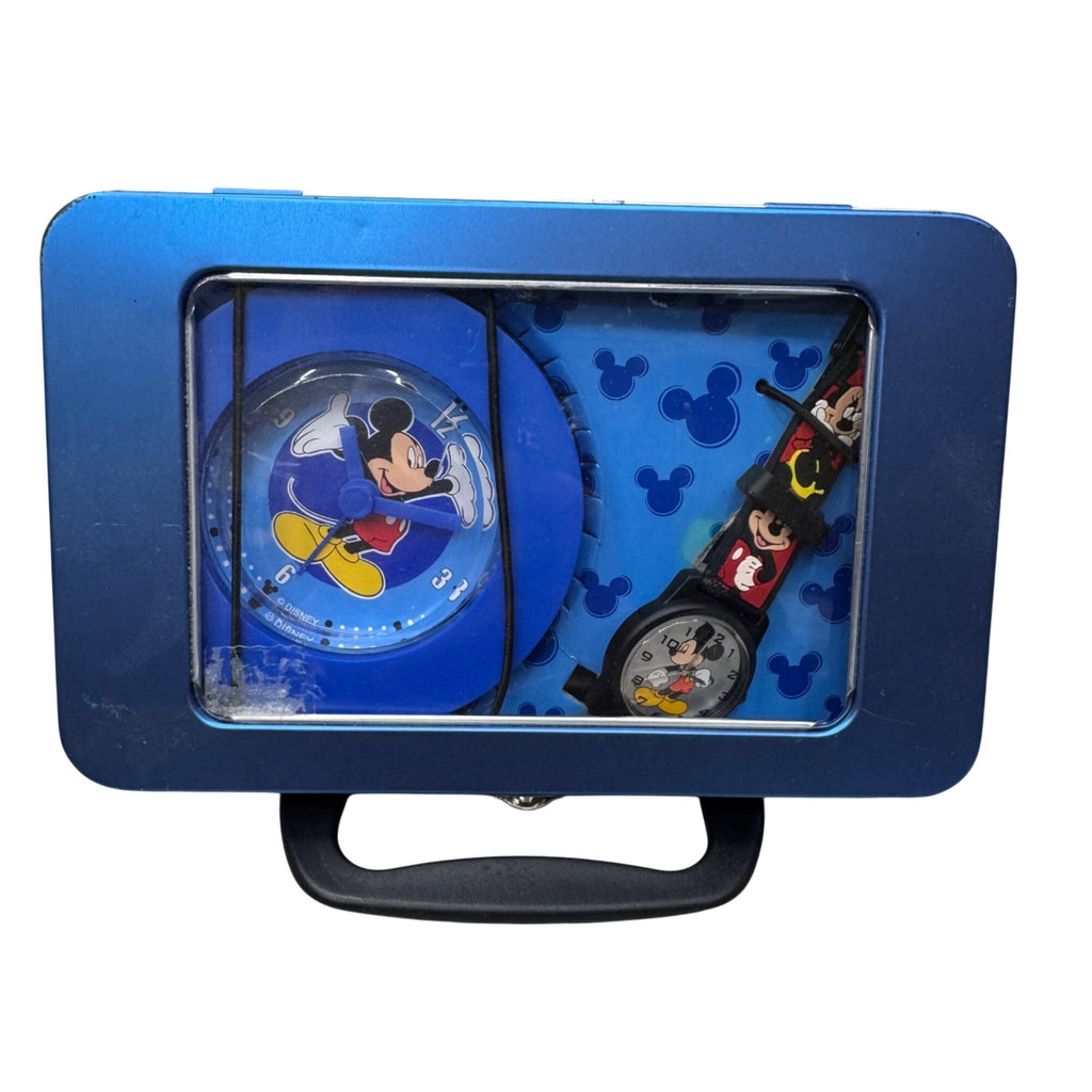Mickey Mouse Alarm Clock & Wrist Watch Set~in Lunch Box Style Case Blue READ