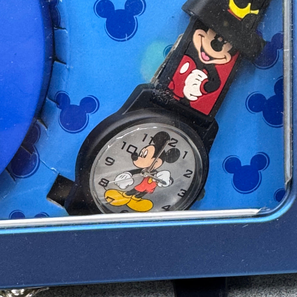 Mickey Mouse Alarm Clock & Wrist Watch Set~in Lunch Box Style Case Blue READ