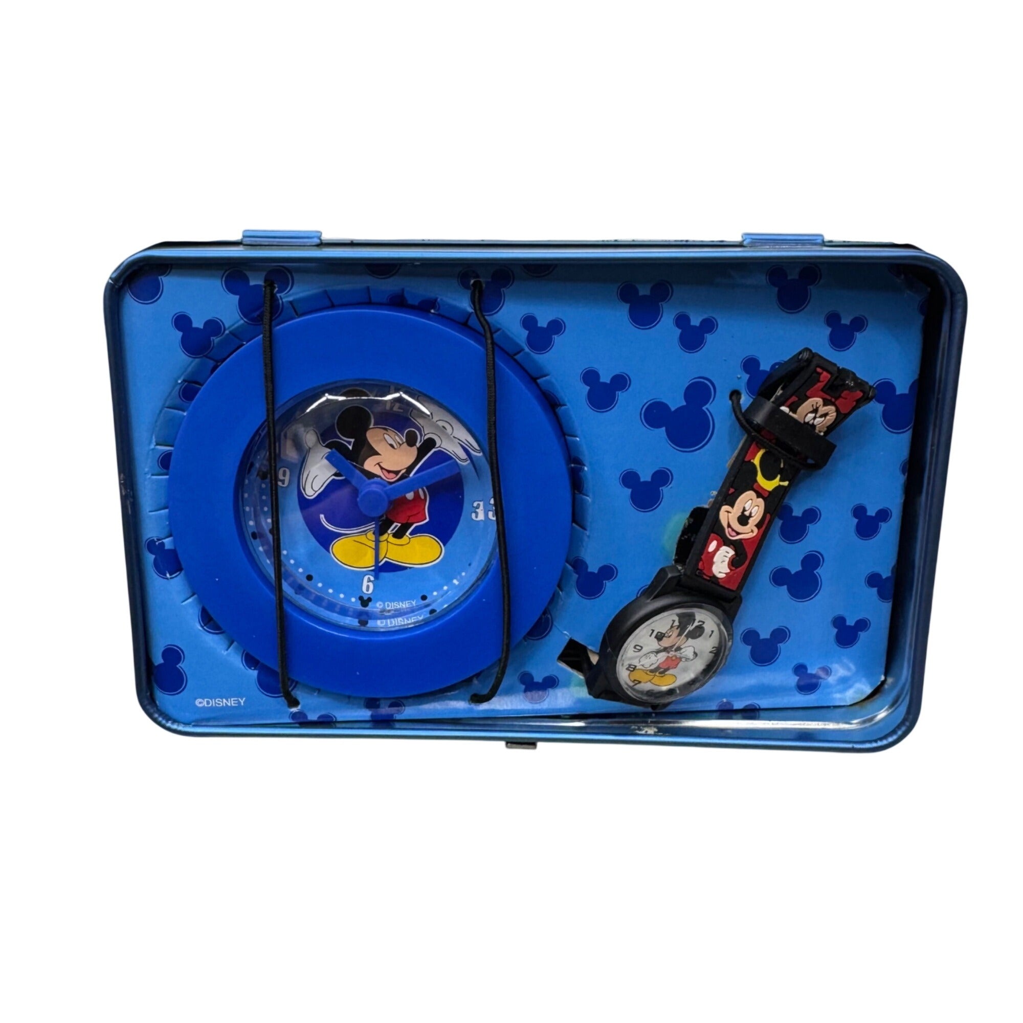 Mickey Mouse Alarm Clock & Wrist Watch Set~in Lunch Box Style Case Blue READ