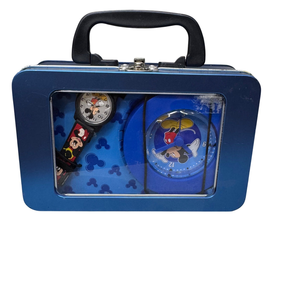 Mickey Mouse Alarm Clock & Wrist Watch Set~in Lunch Box Style Case Blue READ