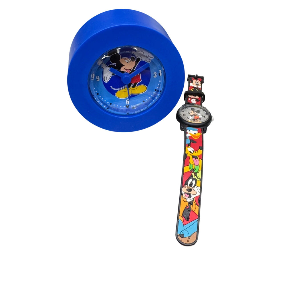 Mickey Mouse Alarm Clock & Wrist Watch Set~in Lunch Box Style Case Blue READ