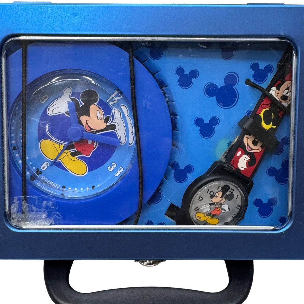Mickey Mouse Alarm Clock & Wrist Watch Set~in Lunch Box Style Case Blue READ