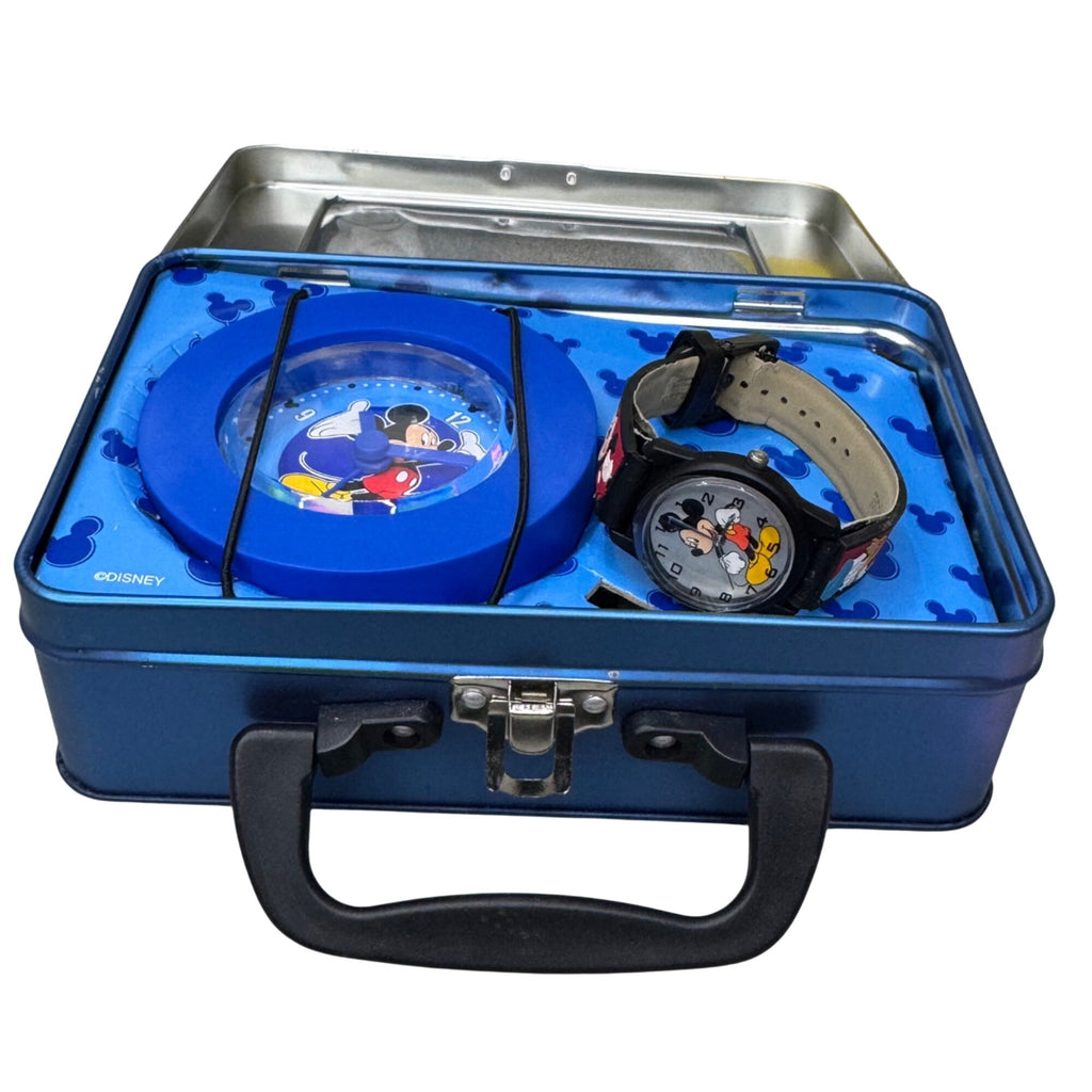 Mickey Mouse Alarm Clock & Wrist Watch Set~in Lunch Box Style Case Blue READ