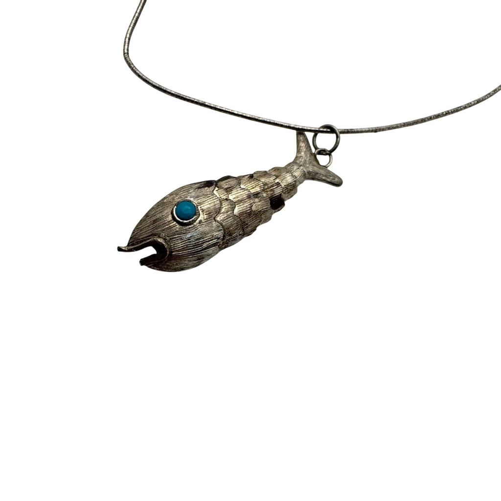 Sterling Silver Articulated Fish Pendant Necklace Turquoise Eye 18 Chain Vintage