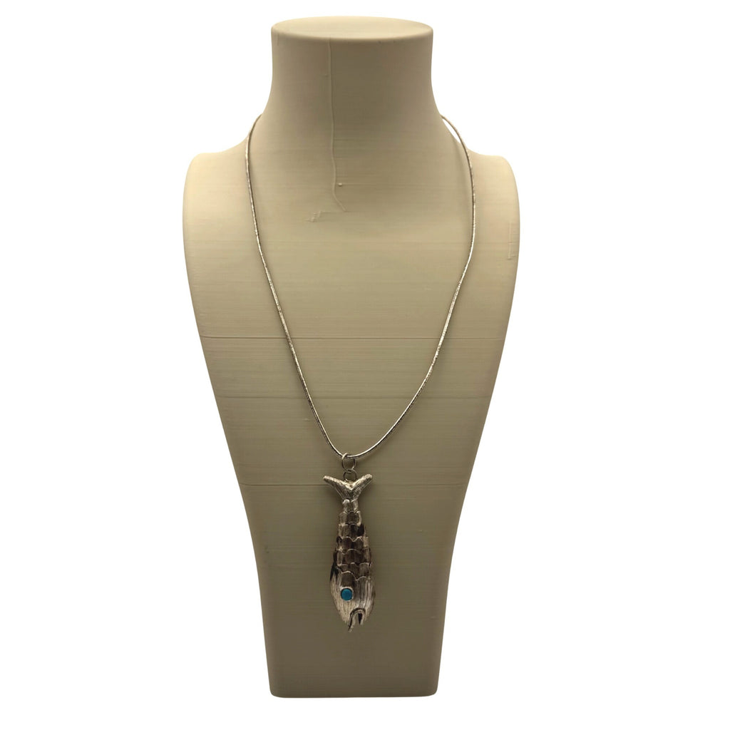 Sterling Silver Articulated Fish Pendant Necklace Turquoise Eye 18 Chain Vintage